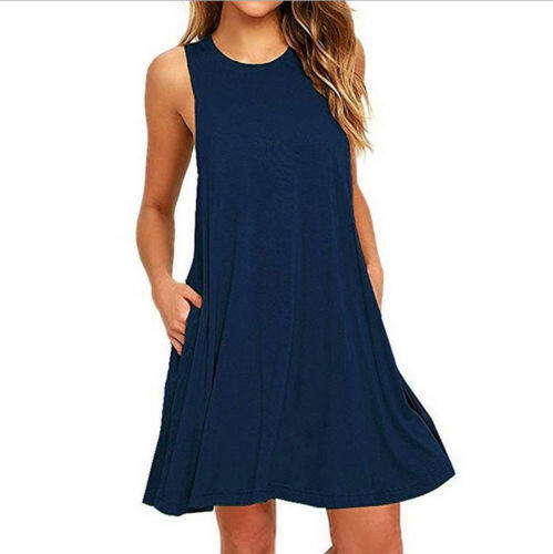 Summer Women Casual Pocket Dress Ladies T Shirt Dresses.