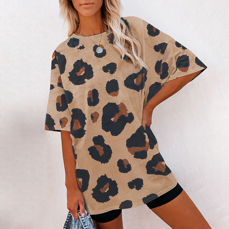 Women's Short Sleeve Temperament Leopard Print Loose Round Neck T-shirt.