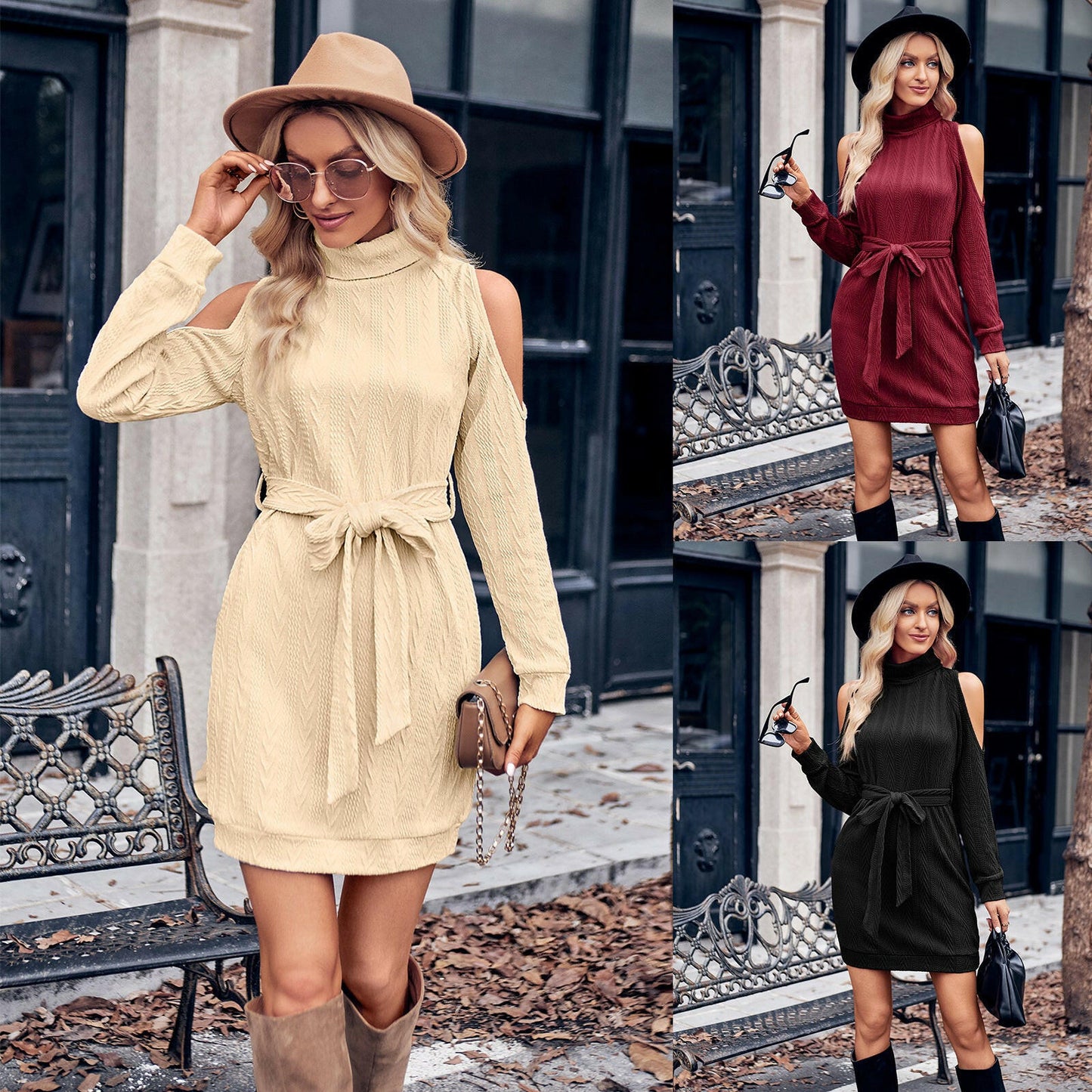 Winter Shoulder Hollow Waist Dress.