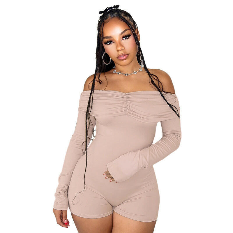 Women's Off-shoulder Pleating Long Sleeve High Waist One-piece Shorts.