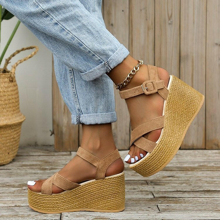 Wedge Sandals For Women Summer Casual Non-slip Cross-strap Platform Shoes With Hemp Heels Shoes.