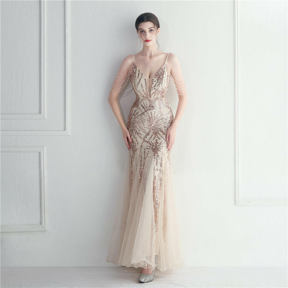 Mesh Beaded Bridal Wedding Dinner Long Camisole Evening Gown.