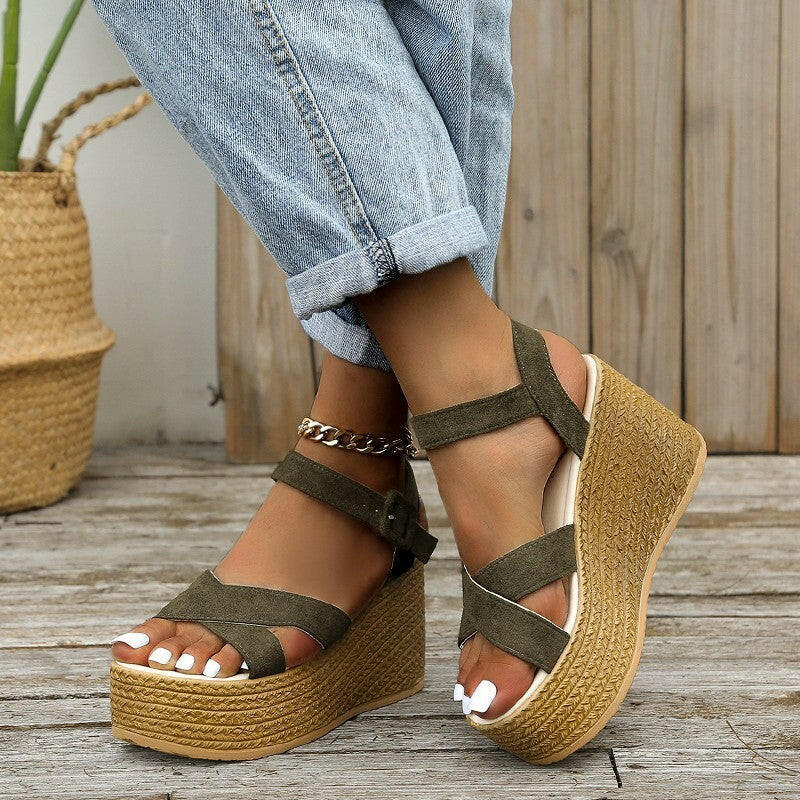 Wedge Sandals For Women Summer Casual Non-slip Cross-strap Platform Shoes With Hemp Heels Shoes.