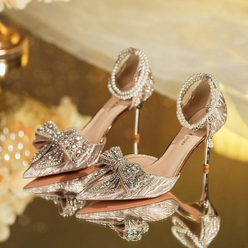 Rhinestone Bow Pointy Hollow Pearl Heels.