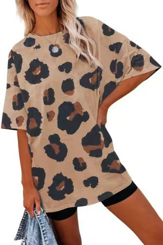 Women's Short Sleeve Temperament Leopard Print Loose Round Neck T-shirt.