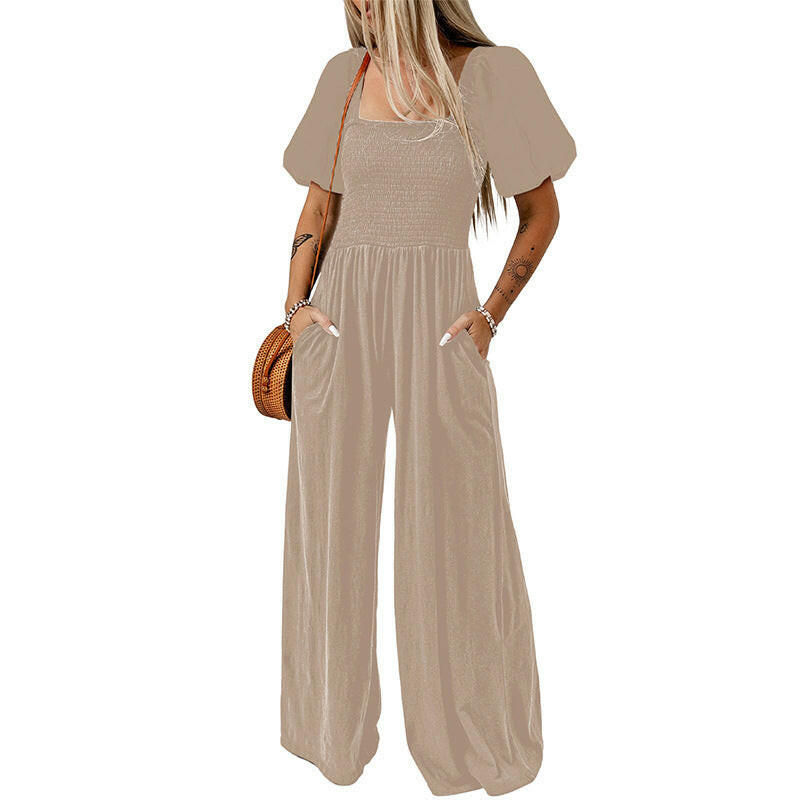 Women's Square Collar Short Sleeve Jumpsuit.