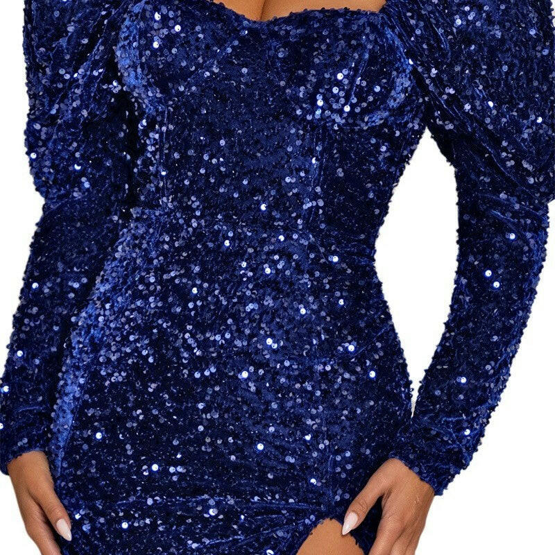 Sequin Backless Padded Shoulder Bubble Sleeve Party Dresses For Women.