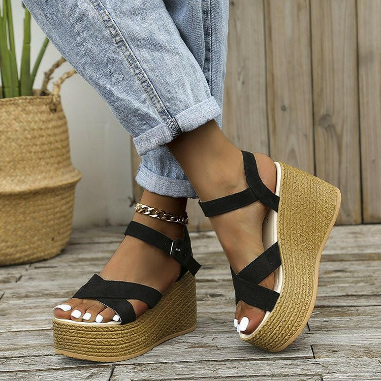 Wedge Sandals For Women Summer Casual Non-slip Cross-strap Platform Shoes With Hemp Heels Shoes.