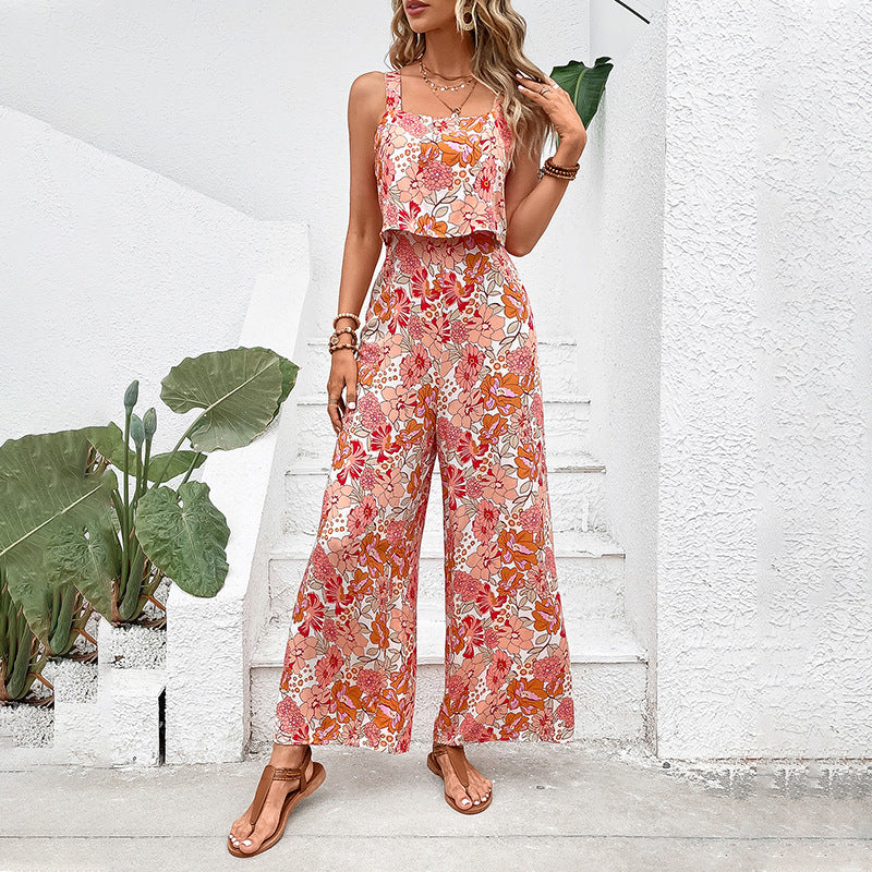 Printed Square Collar Camisole Jumpsuit.