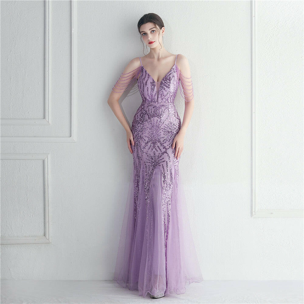 Mesh Beaded Bridal Wedding Dinner Long Camisole Evening Gown.