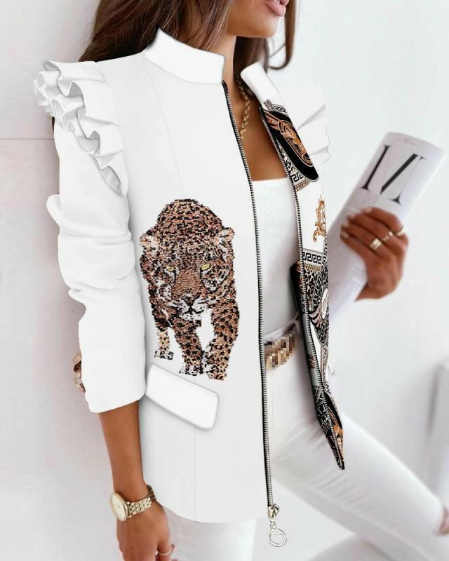 Check Leopard Print Zip Ruffle Shoulder Jacket.