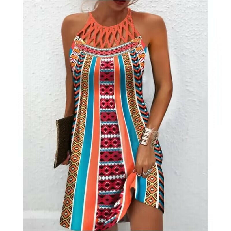 Fashion Print Dress Casual Halterneck Dresses For Women Summer Clothes.