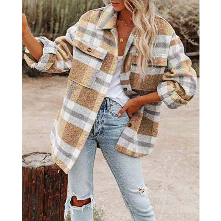 Women's Long Sleeve Lapel Loose Plaid Thickened Wool Jacket.