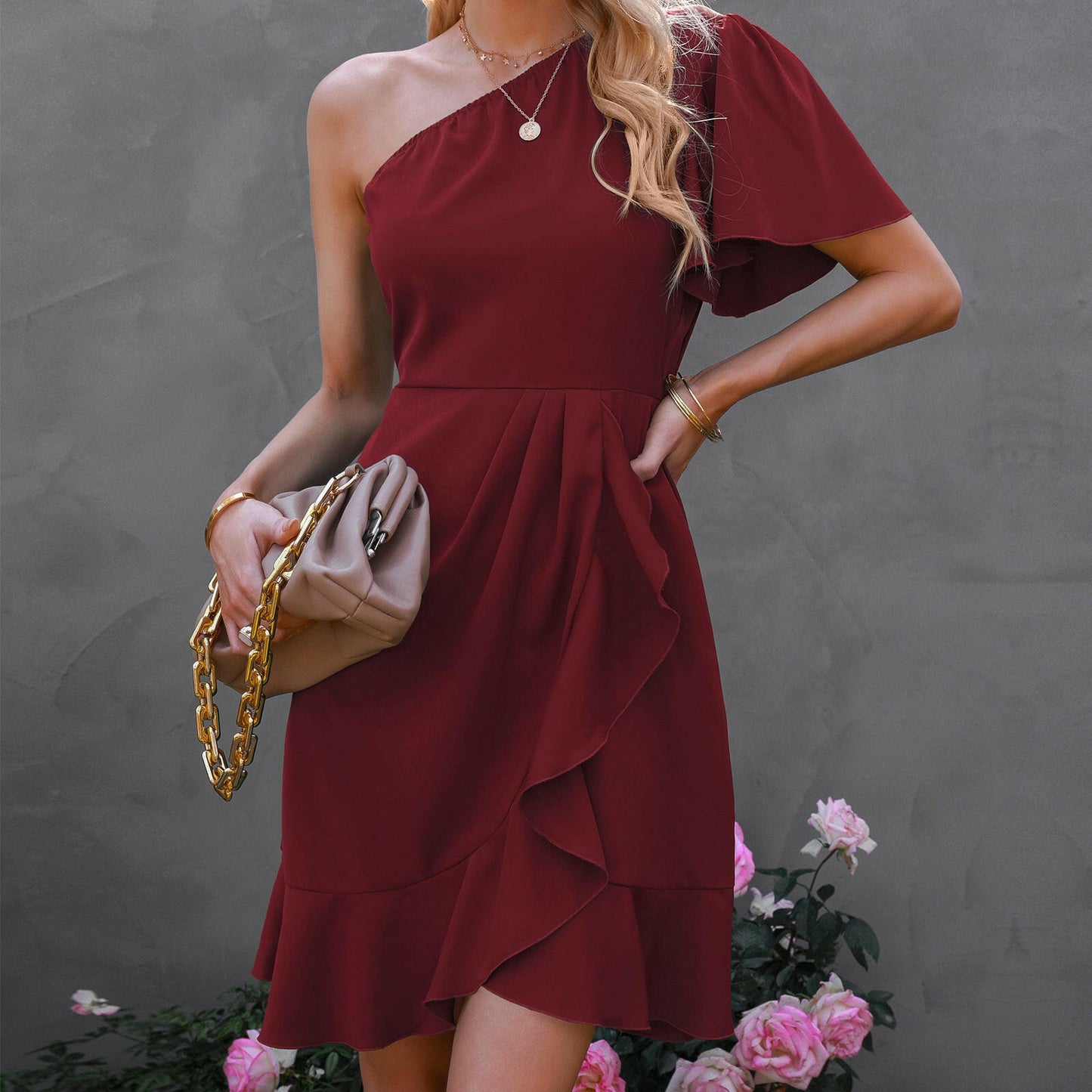 Women's Ruffle  Design Small Off-the-shoulder Dress.