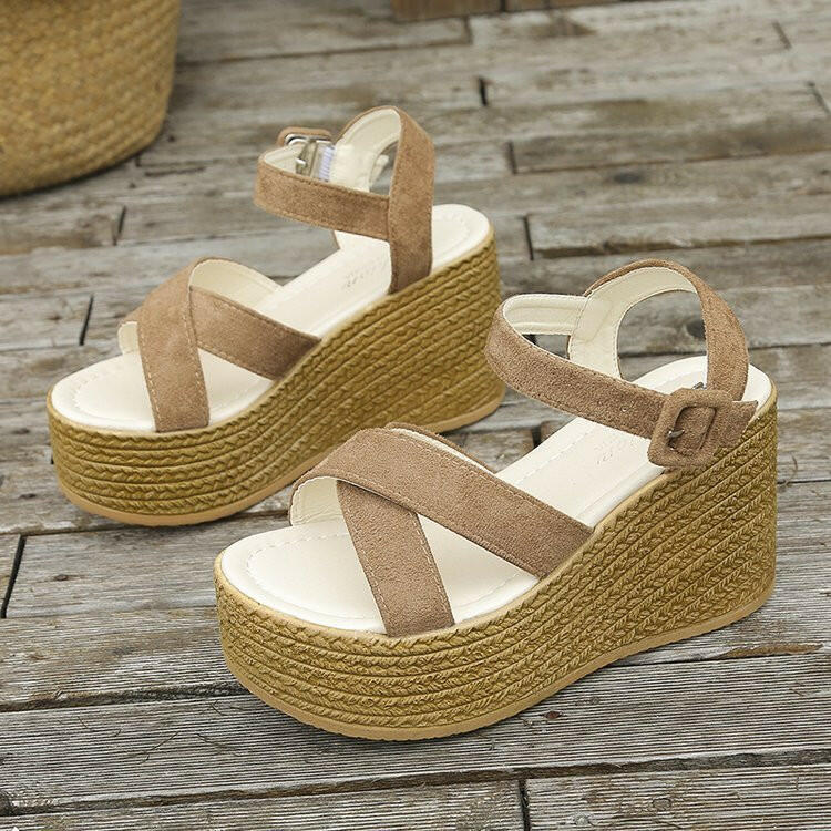 Wedge Sandals For Women Summer Casual Non-slip Cross-strap Platform Shoes With Hemp Heels Shoes.