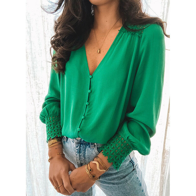 Solid Color Lace V-neck Single-breasted Shirt For Women.